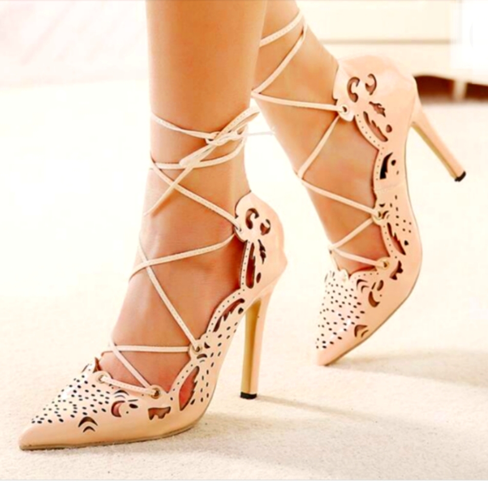 Nude Patent Laser Cut Lace Up Ankle Wrap Heels 8